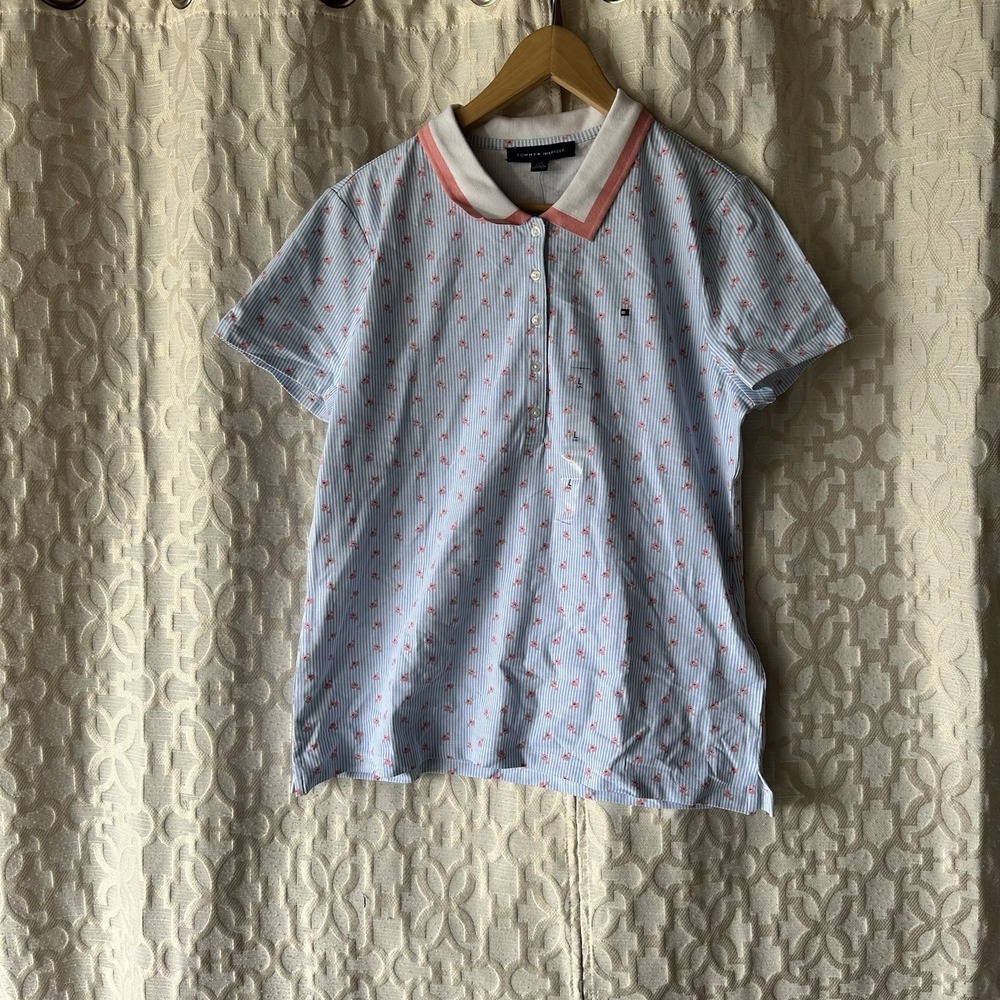 Tommy Hilfiger Polo Womens Pink Striped Short Sleeve Golf Shirt Size Large NEW